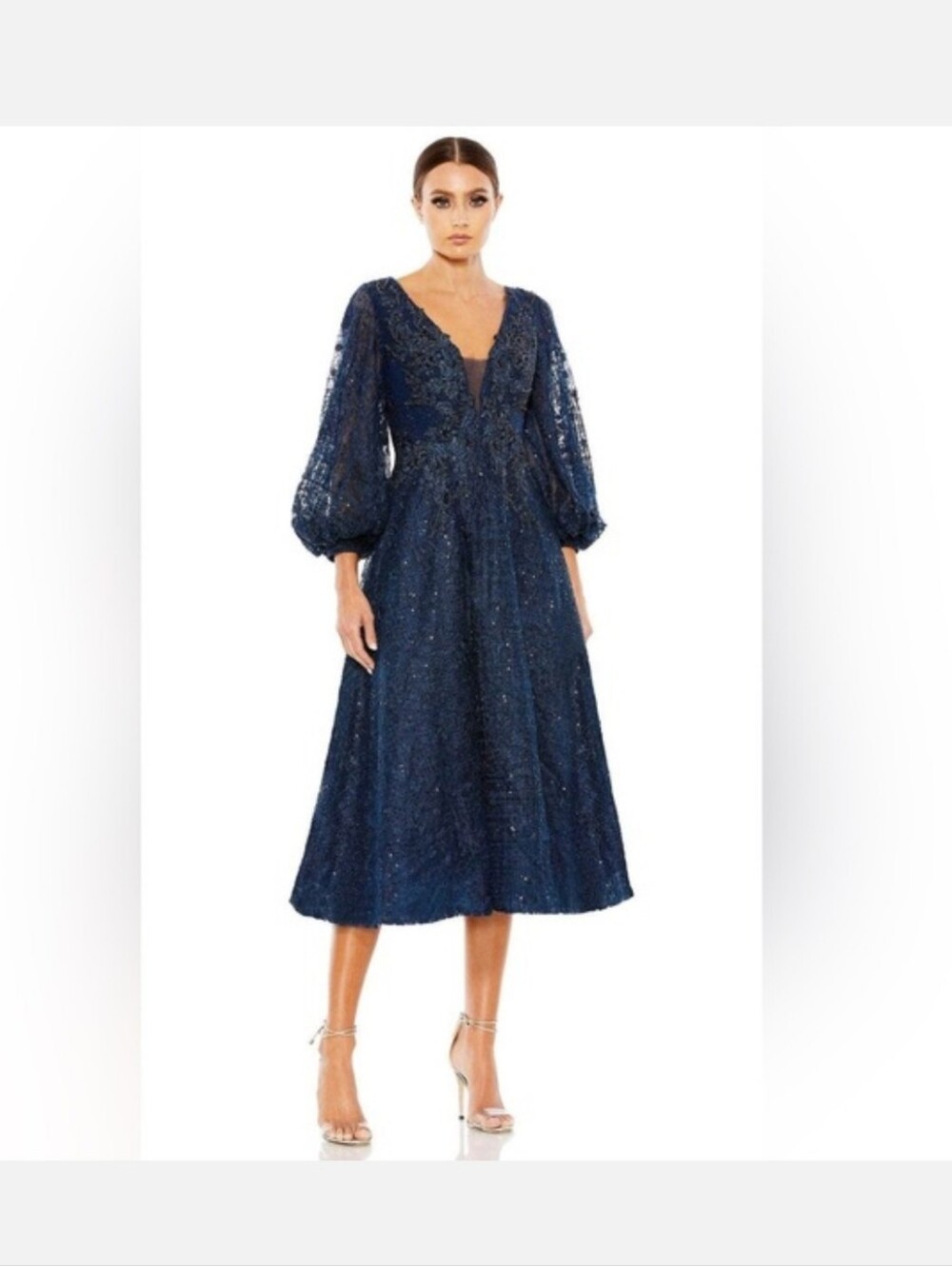 Mac Duggal NWT Women's Navy Lace & Sequin V-Neck Midi Dress